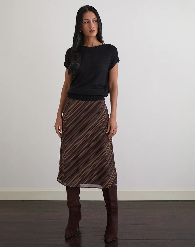 Abetzi Midi Skirt in Chiffon Mix Brown Stripe - Image 3
