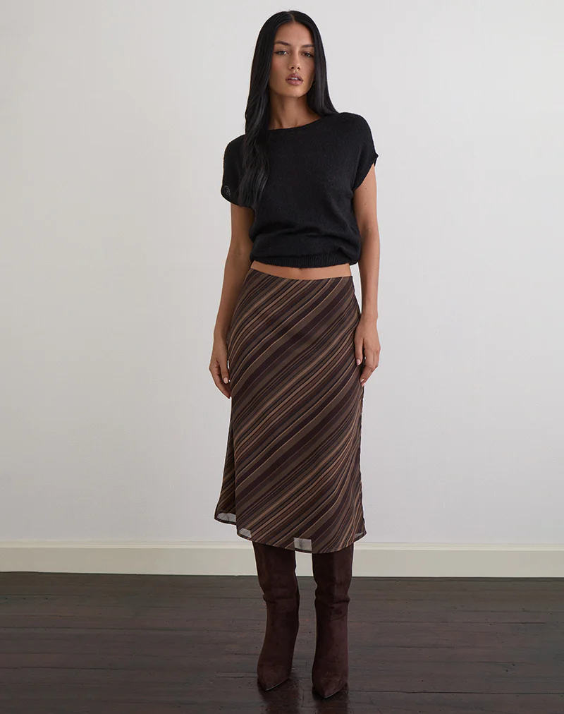 Abetzi Midi Skirt in Chiffon Mix Brown Stripe - Image 4