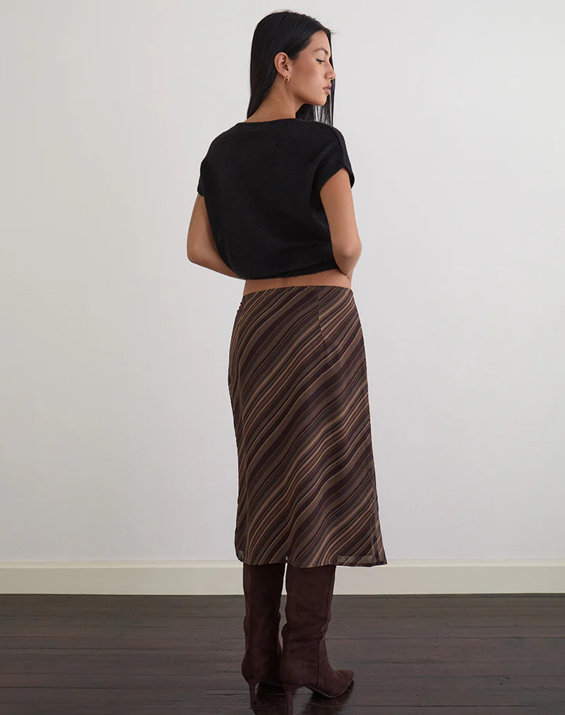 Abetzi Midi Skirt in Chiffon Mix Brown Stripe - Image 5