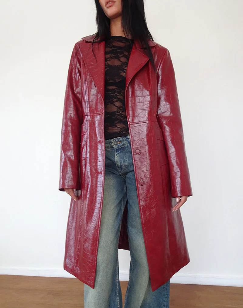 Abigail Coat in Matte PU Croc Burgundy - Image 2