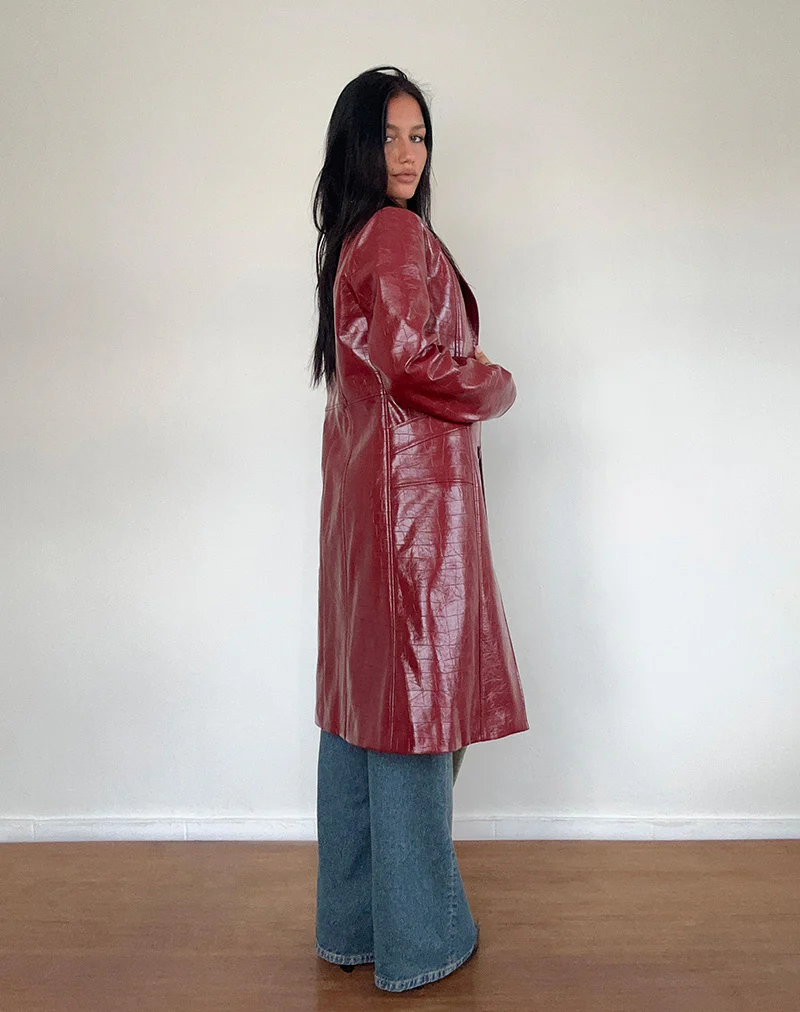 Abigail Coat in Matte PU Croc Burgundy - Image 4