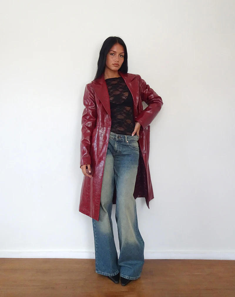 Abigail Coat in Matte PU Croc Burgundy - Image 5