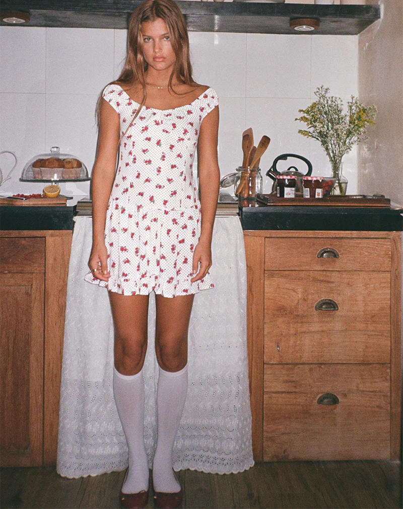 Aca Bardot Mini Dress in White Rose Polka - Image 6