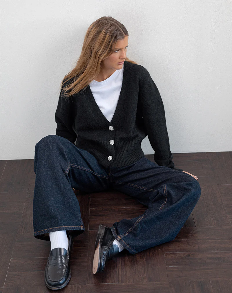 Acera Knitted Cardigan in Black with Silver Flower Buttons - Image 3