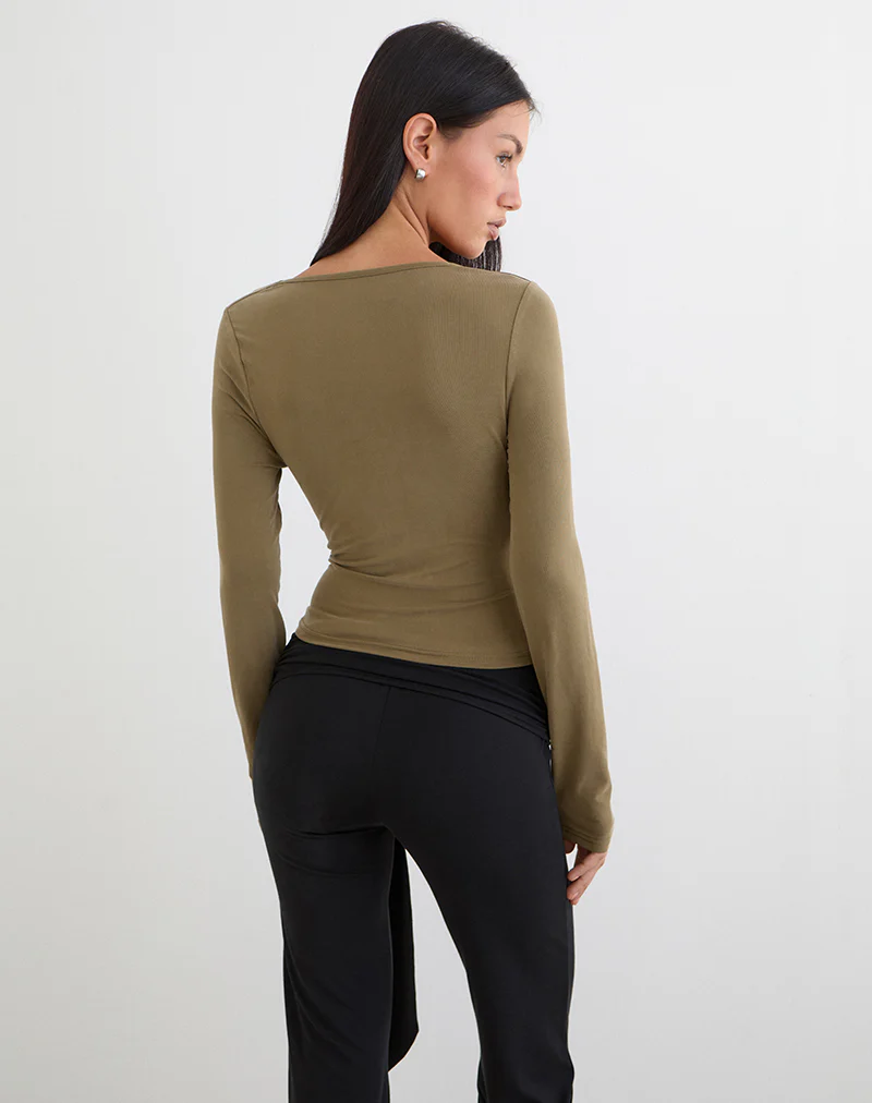 Adaya Long Sleeve Cowl Top in Cupro Olive Stone - Image 5