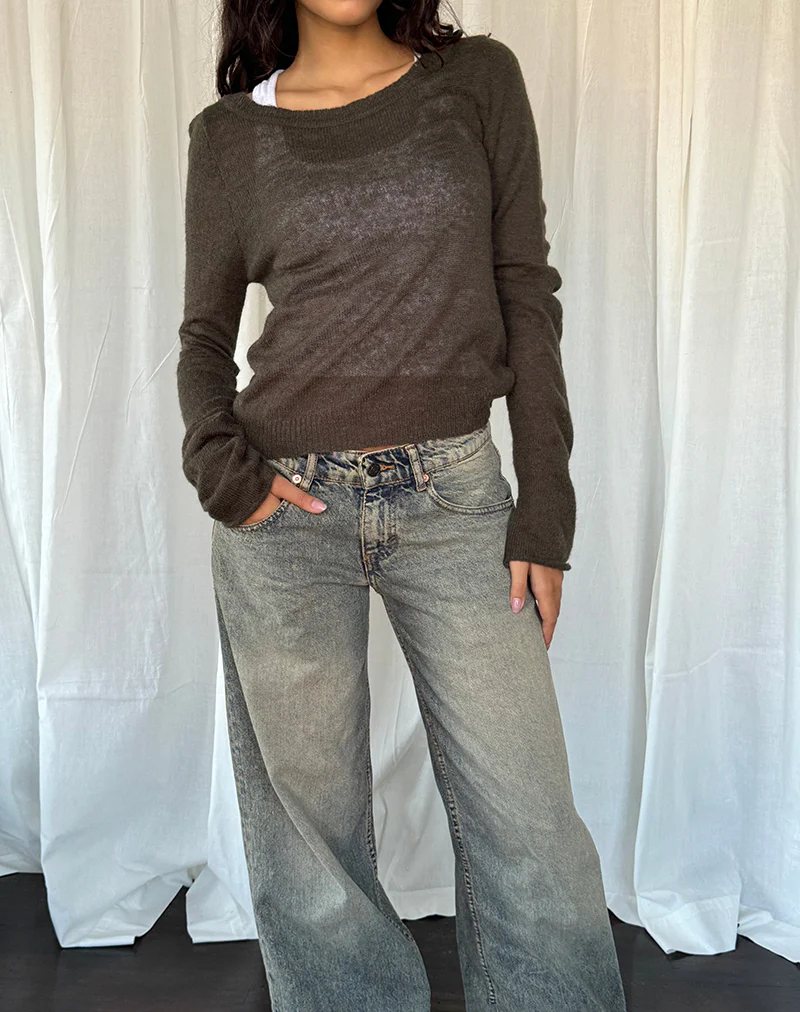 Addison Long Sleeve Sheer Knit Top in Dark Chocolate - Image 3