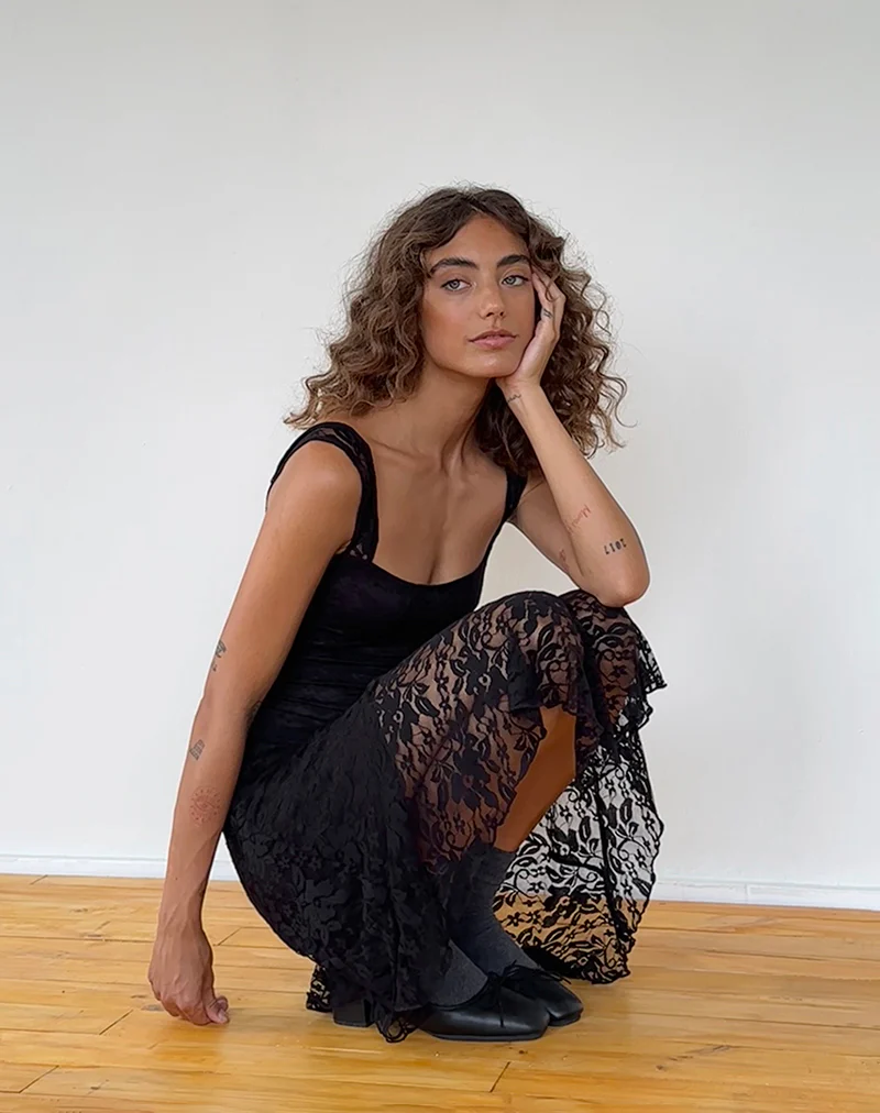 Adeliza Asymmetric Midi Dress in Floral Lace Jet Black - Image 2
