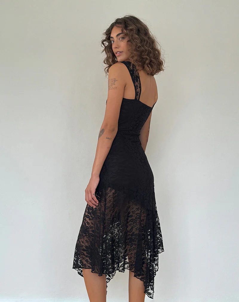 Adeliza Asymmetric Midi Dress in Floral Lace Jet Black - Image 4