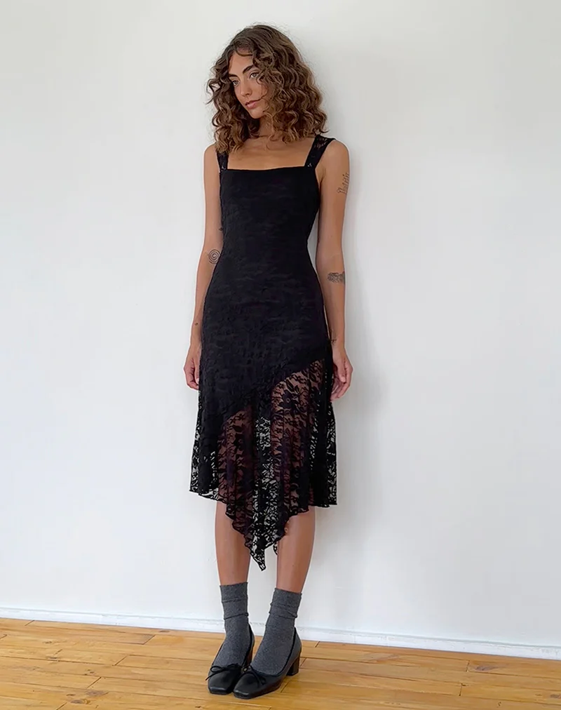 Adeliza Asymmetric Midi Dress in Floral Lace Jet Black - Image 5
