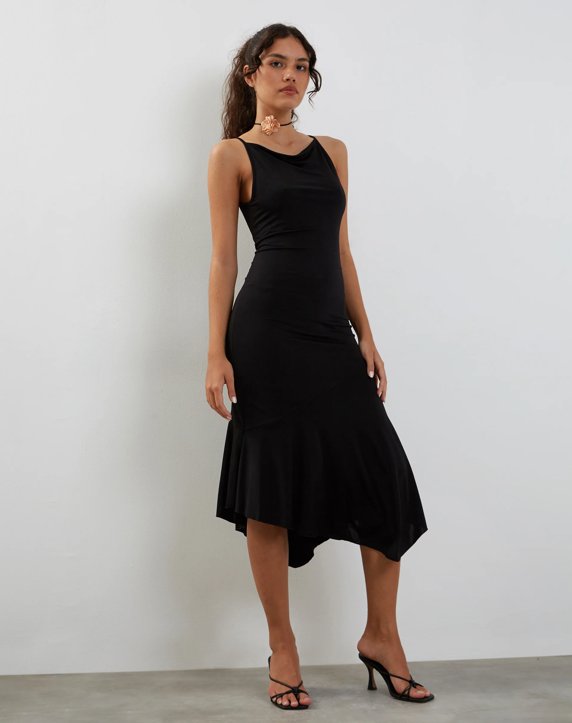 Adina Asymmetric Hem Midi Dress in Slinky Black - Image 3