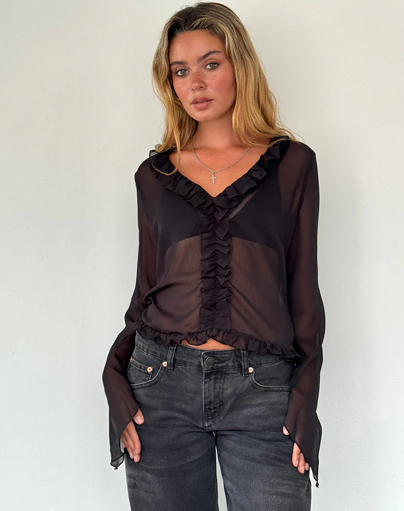 Adriana Ruffle Top in Chiffon Black - Image 3
