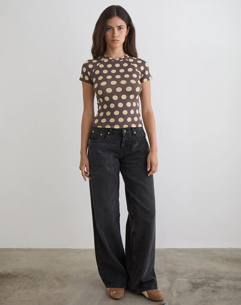 Agneta Tee in Brown with Big Yellow Polka Dots - Image 3