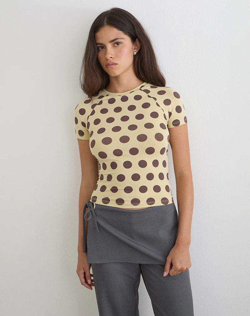 Agneta Tee in Yellow with Big Brown Polka Dots - Image 4
