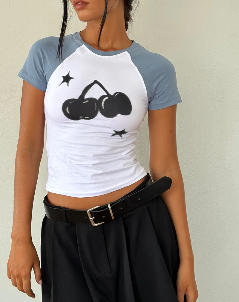 Agneta Baby Tee in White with Faded Denim Cherry Print - Image 2