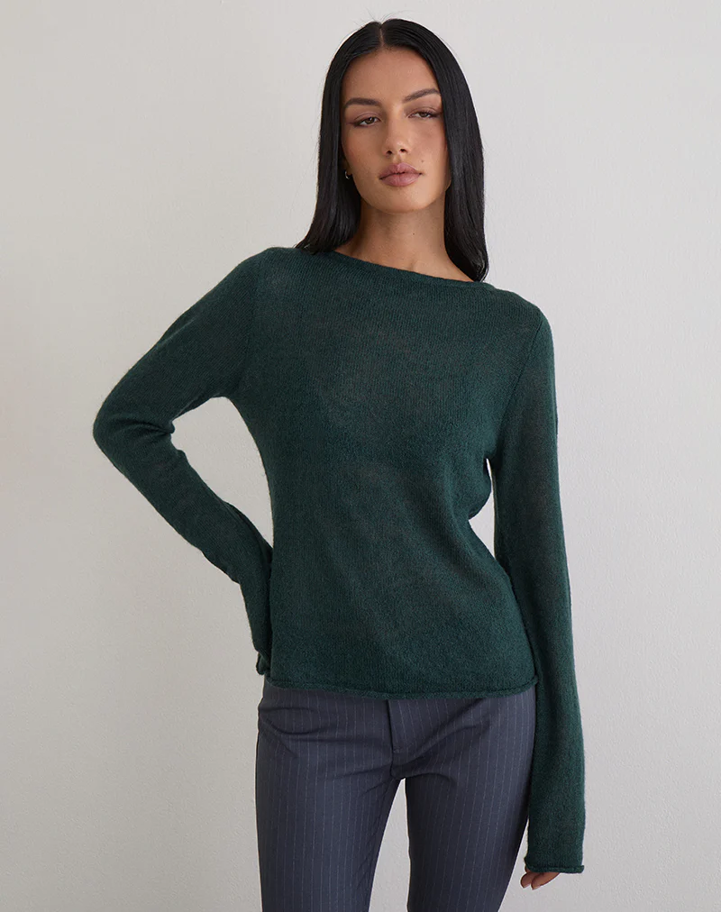 Aika Long Sleeve Top in Sheer Knit Dark Green