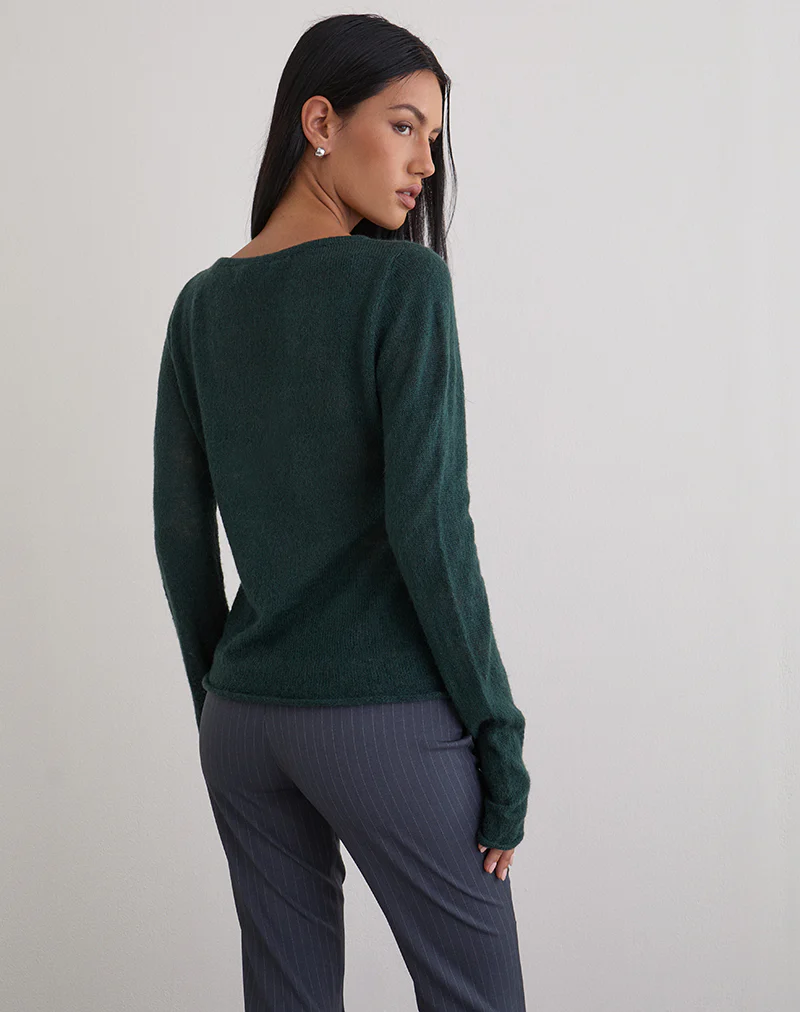 Aika Long Sleeve Top in Sheer Knit Dark Green - Image 4