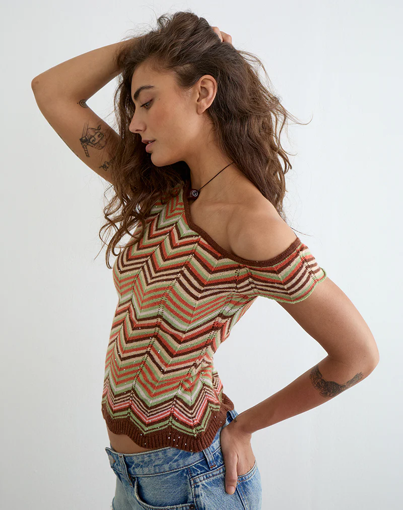 Aisling Off Shoulder Top in Green Multi Stripe - Image 2