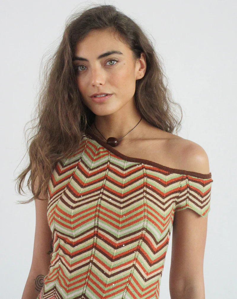 Aisling Off Shoulder Top in Green Multi Stripe - Image 3