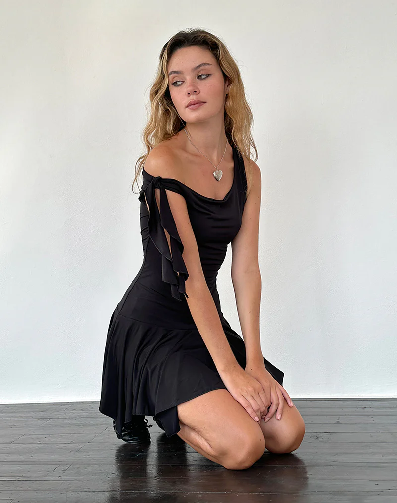 Alba Mini Asymmetric Ruffle Dress in Black - Image 3