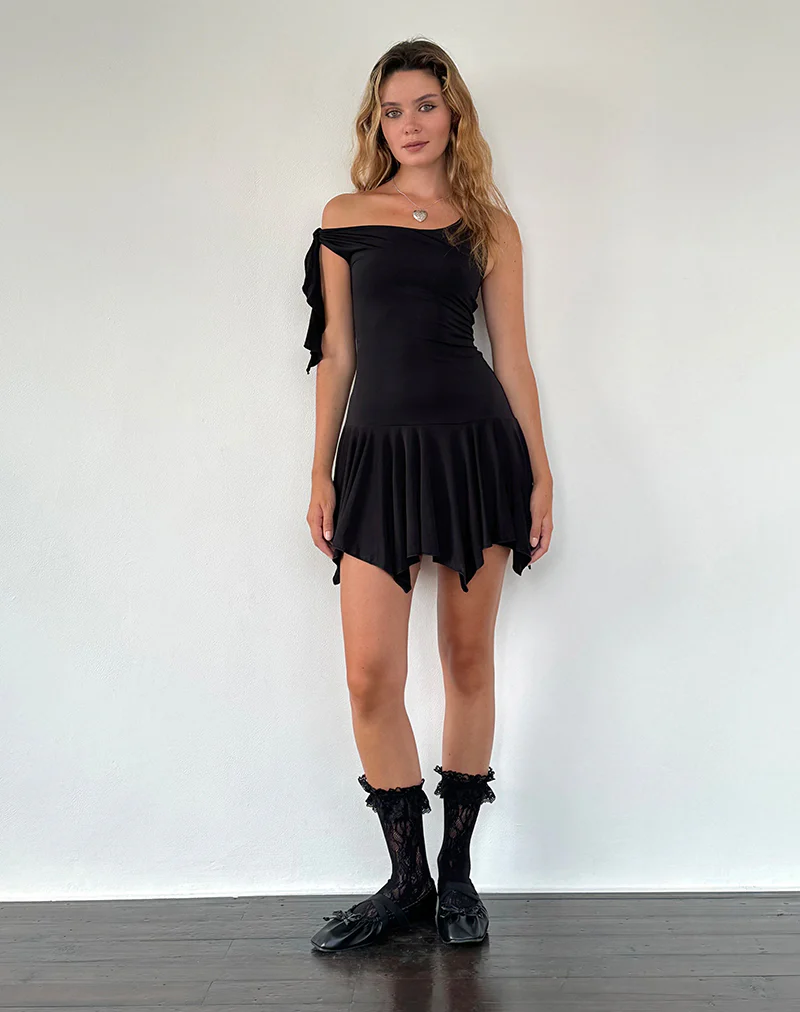 Alba Mini Asymmetric Ruffle Dress in Black - Image 5