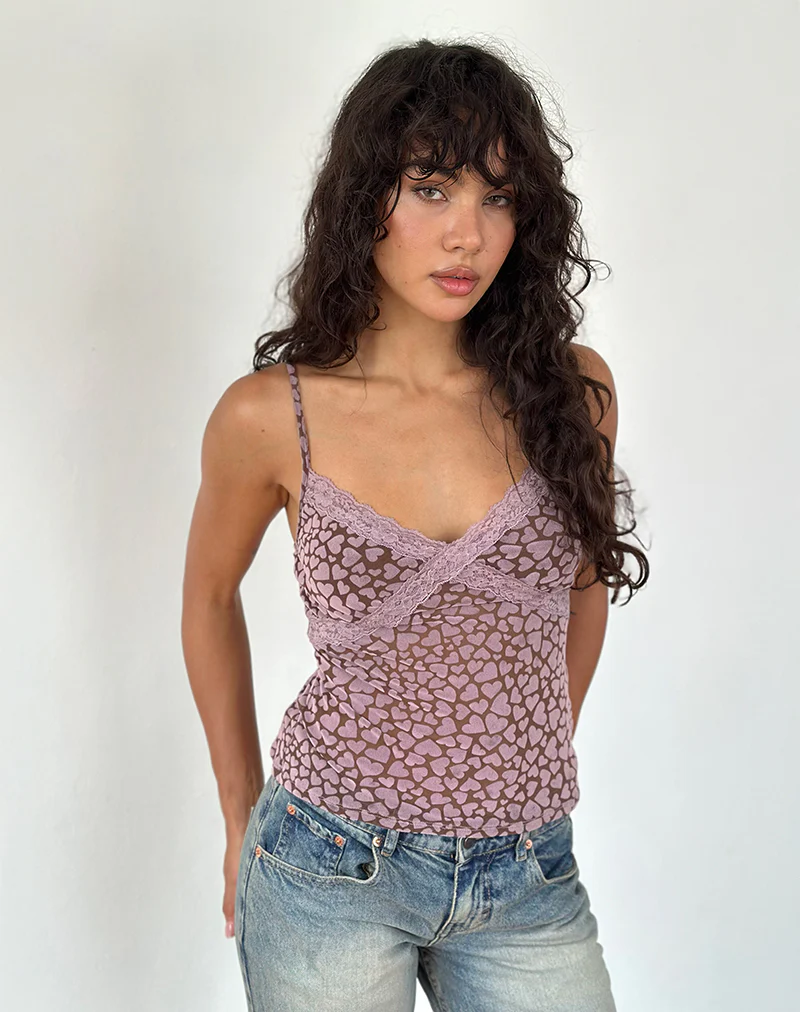 Alcesta Top in Brown Flock Mesh with Pink Heart Print - Image 2