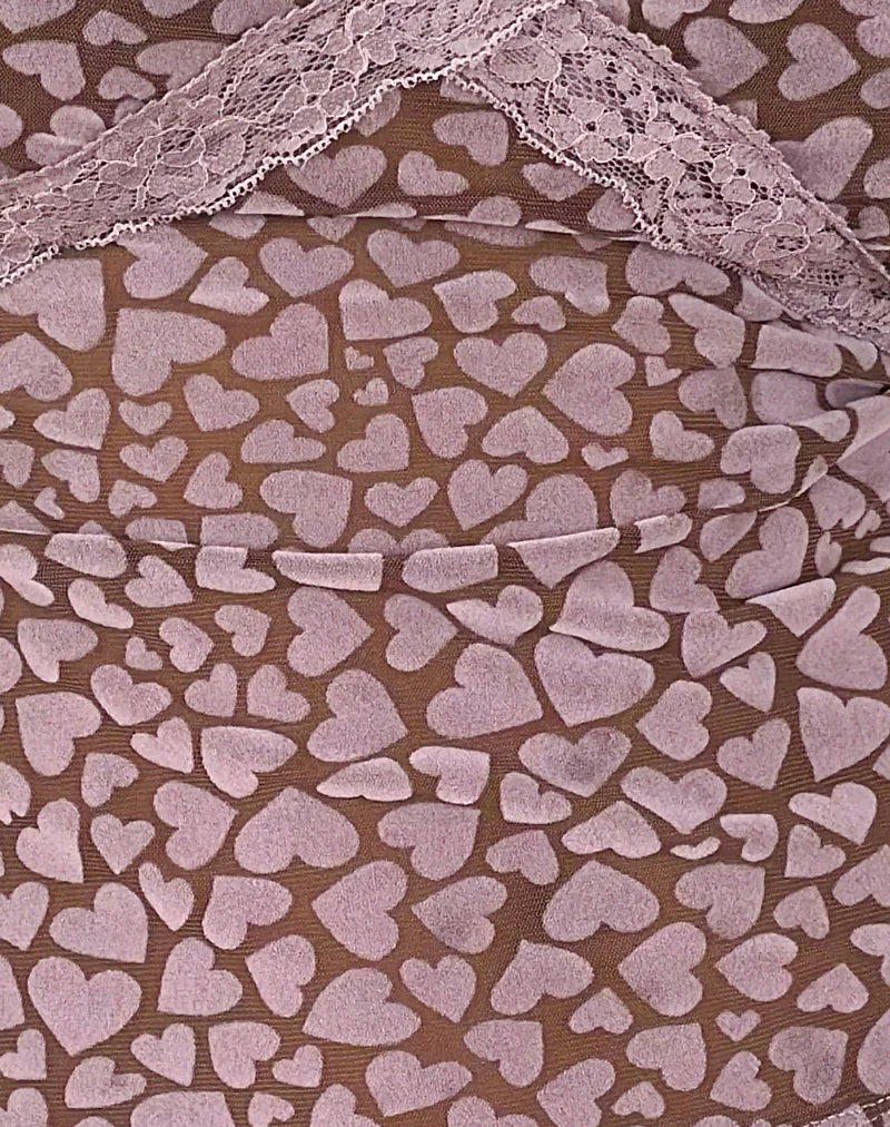 Alcesta Top in Brown Flock Mesh with Pink Heart Print - Image 6