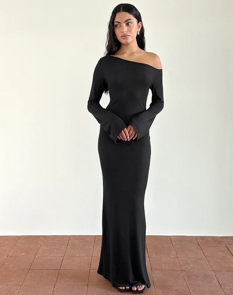 Aldiana Long Sleeve Asymmetric Maxi Dress in Sheer Knit Black - Image 4