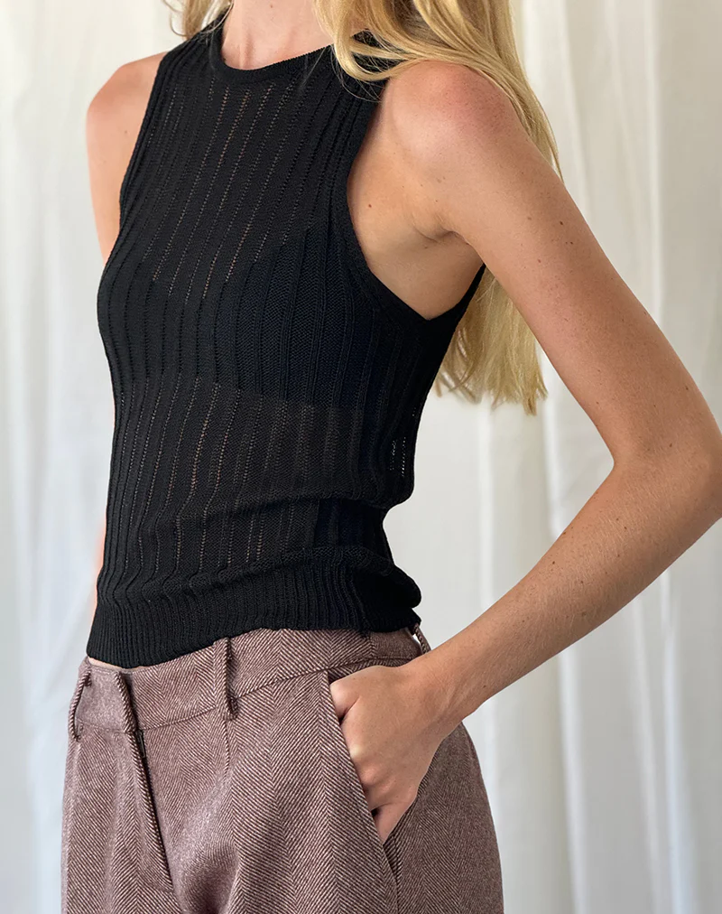 Alessia Vest Top in Wide Rib Knit Black - Image 3