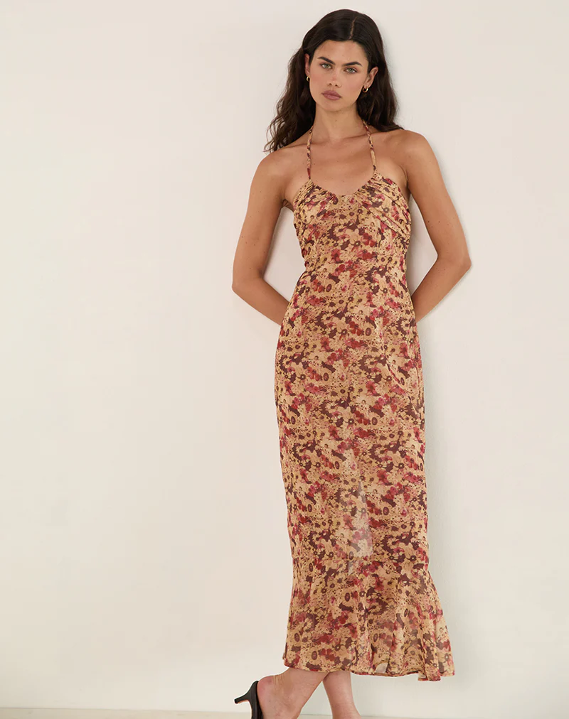 Alette Halterneck Maxi Dress in Chiffon Rusty Flower - Image 2