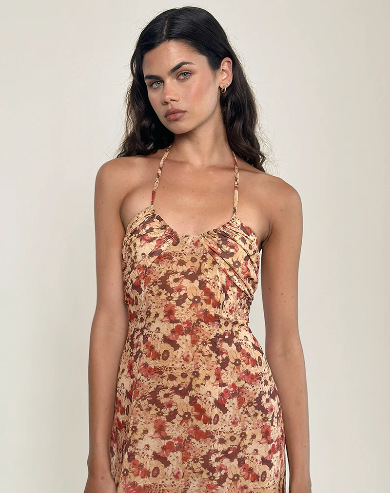 Alette Halterneck Maxi Dress in Chiffon Rusty Flower - Image 3