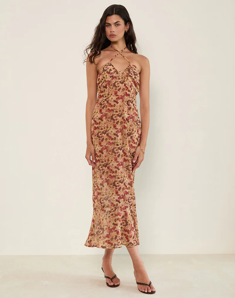 Alette Halterneck Maxi Dress in Chiffon Rusty Flower - Image 4