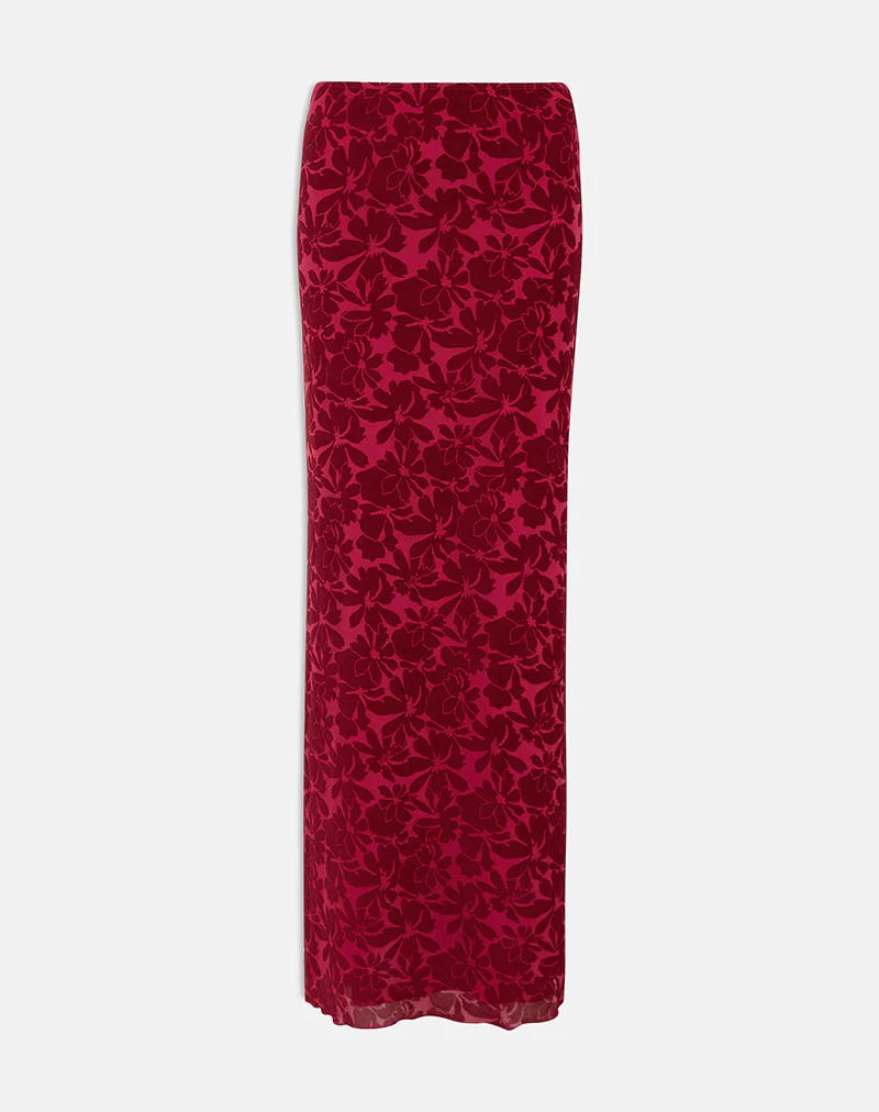 Alfreda Maxi Skirt in Flocked Mesh Flower Cherry - Image 2