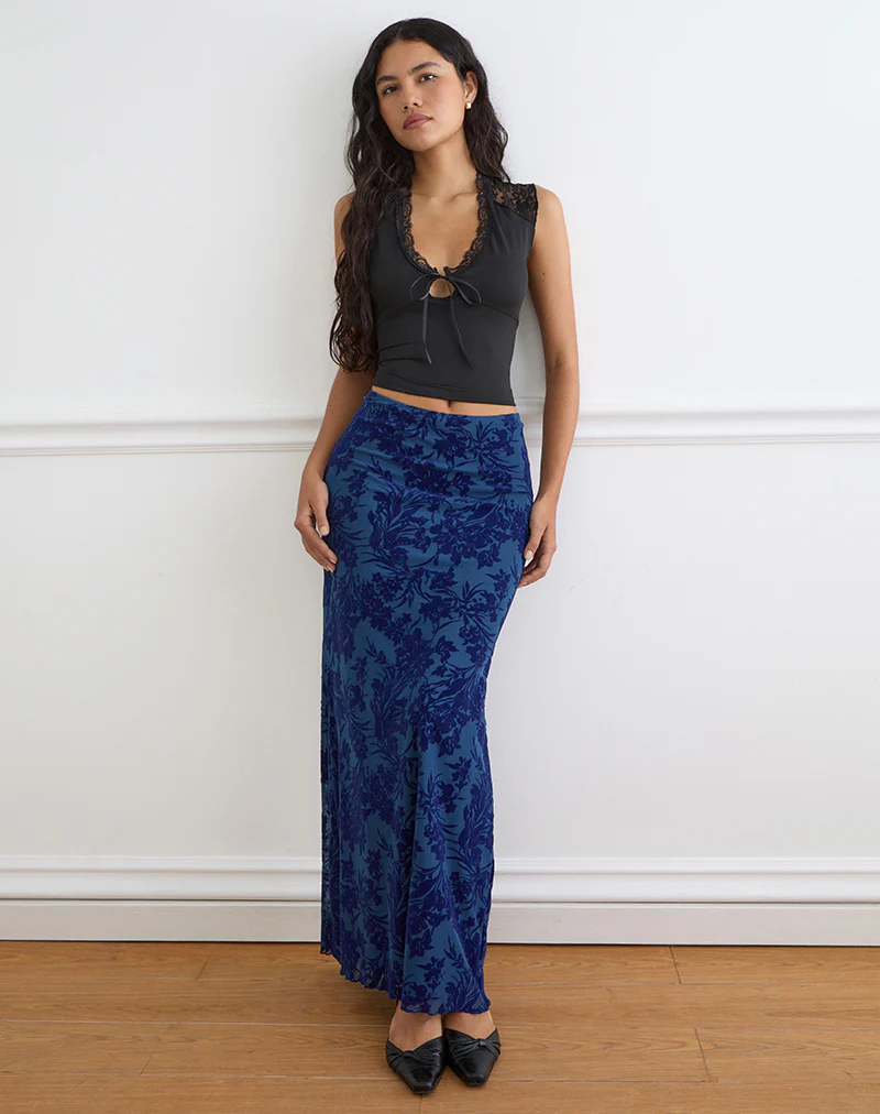 Alfreda Maxi Skirt in Midnight Leaf Flock Navy