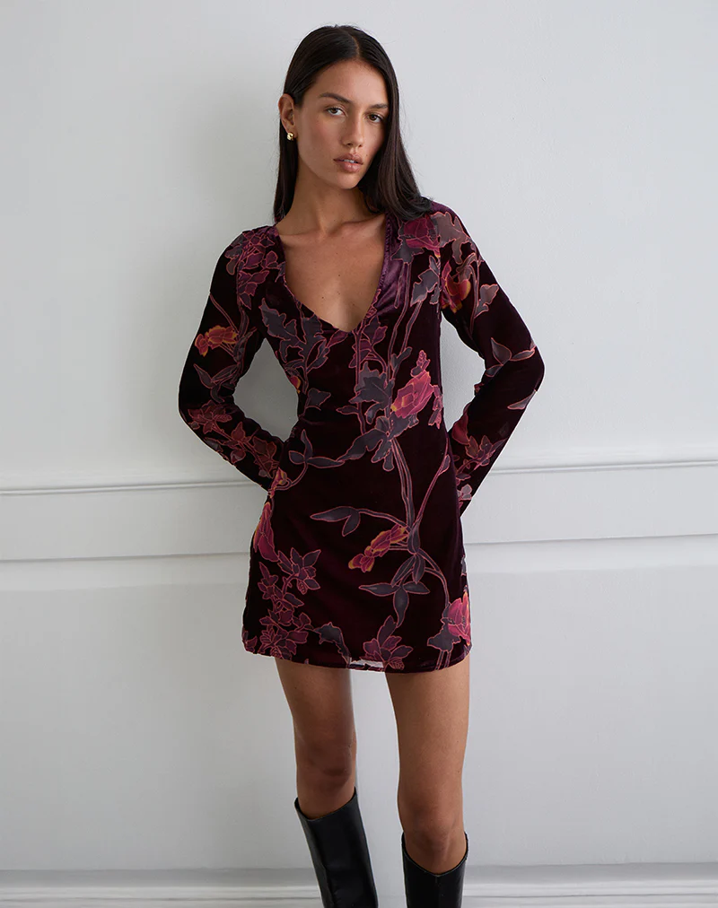 Alitra Mini Dress in Floral Devore Burgundy - Image 2