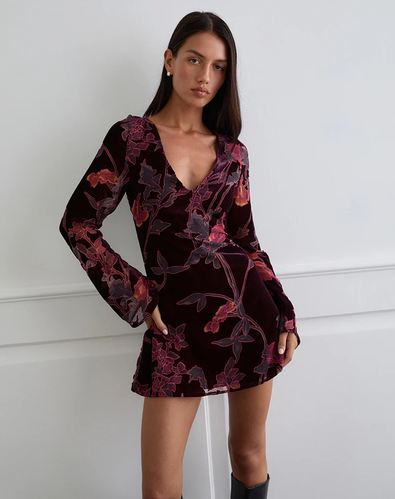 Alitra Mini Dress in Floral Devore Burgundy - Image 4