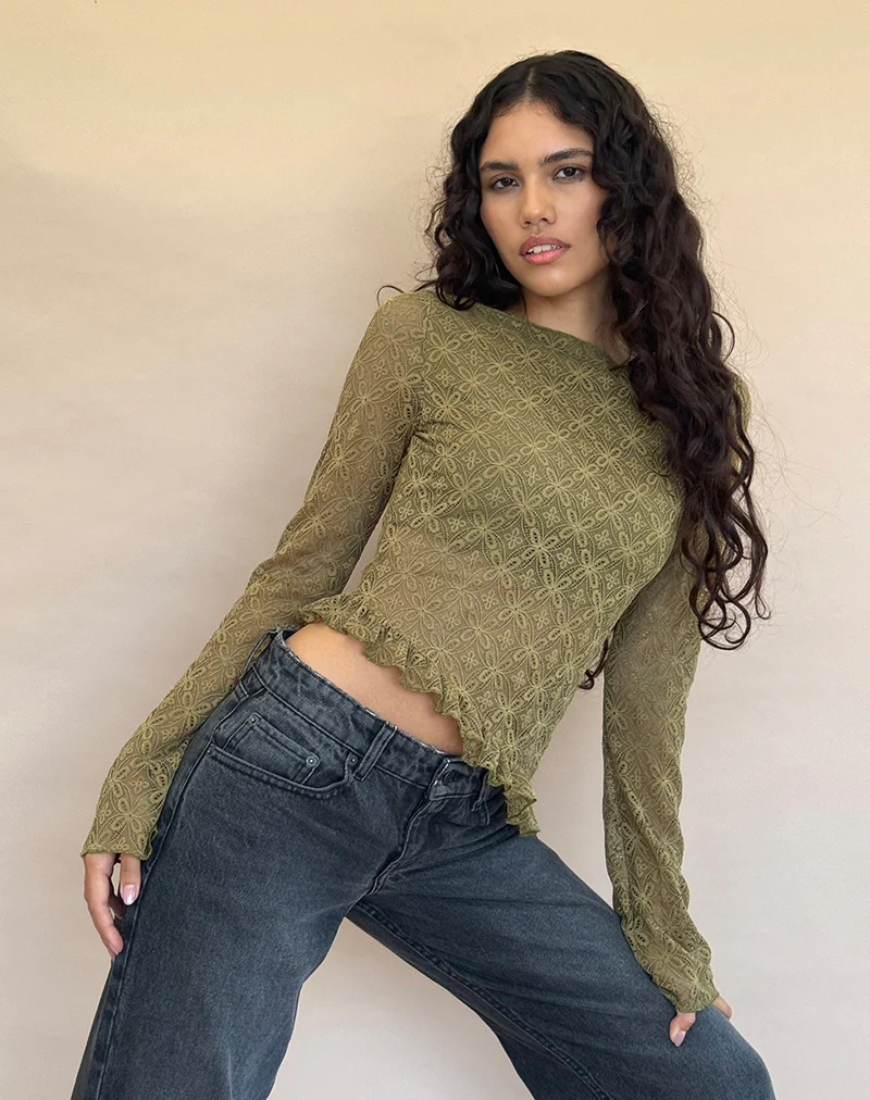 Allegra Long Sleeve Top in Textured Moss Green Lace - Image 3