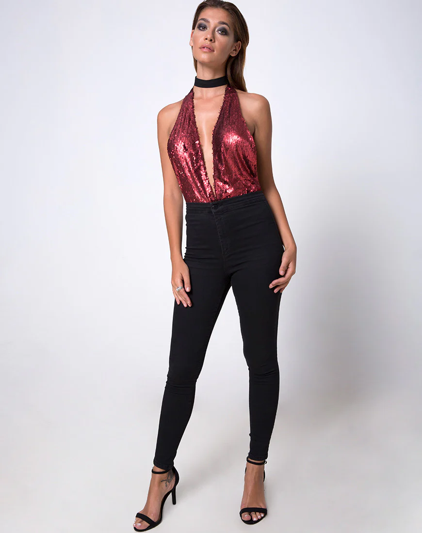 Ally Plunge Bodice in Fishcale Matte Sequin Wine - Image 3