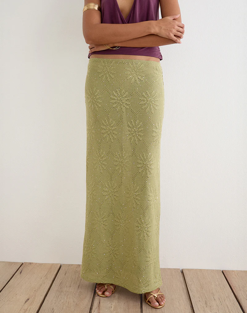 Aloria Maxi Skirt in Sequin Knit Green - Image 3