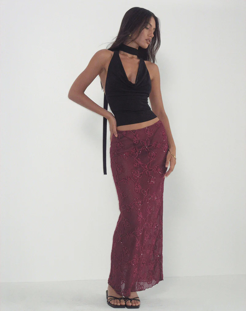 Alphia Maxi Skirt in Sequin Knit Burgundy - Image 3