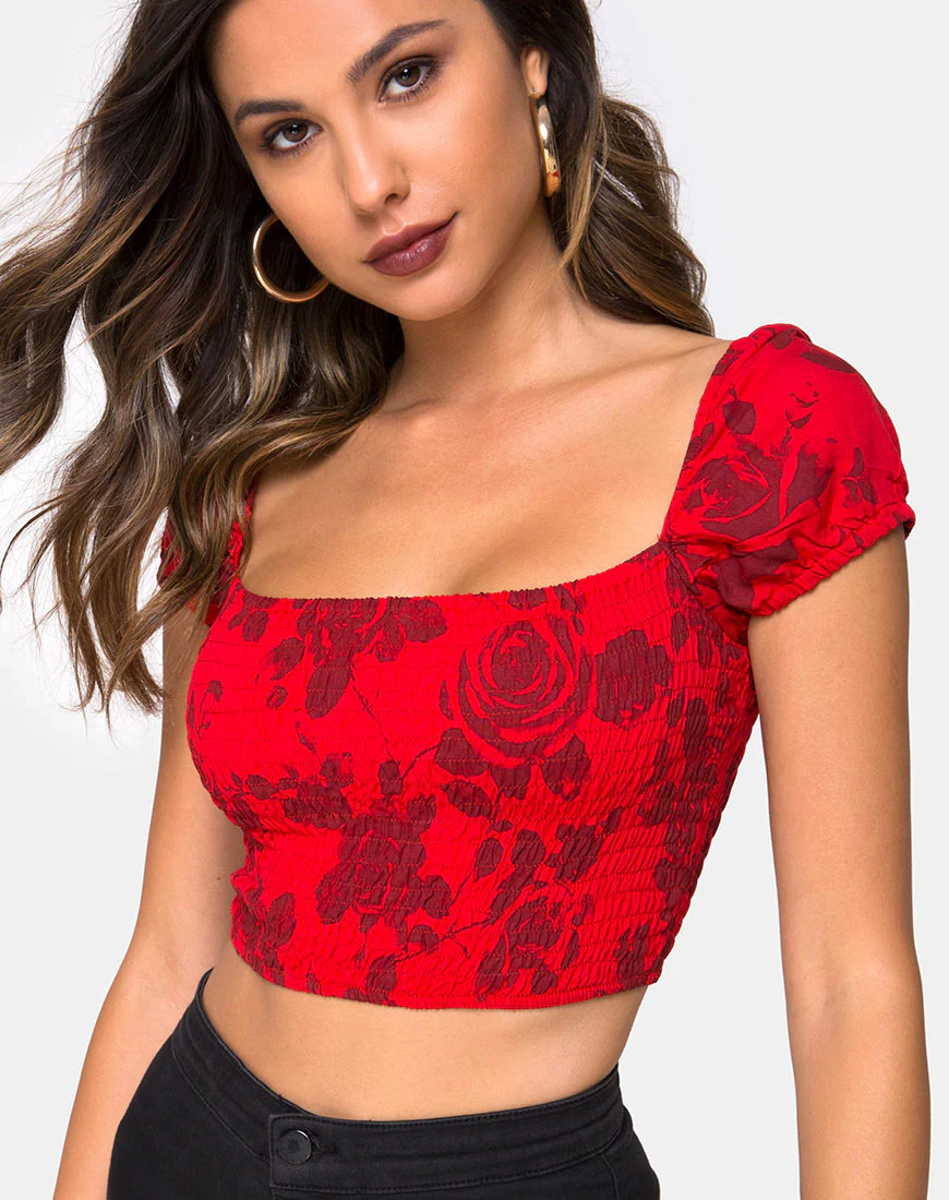Alya Crop Top in Tonal Floral Red - Image 2