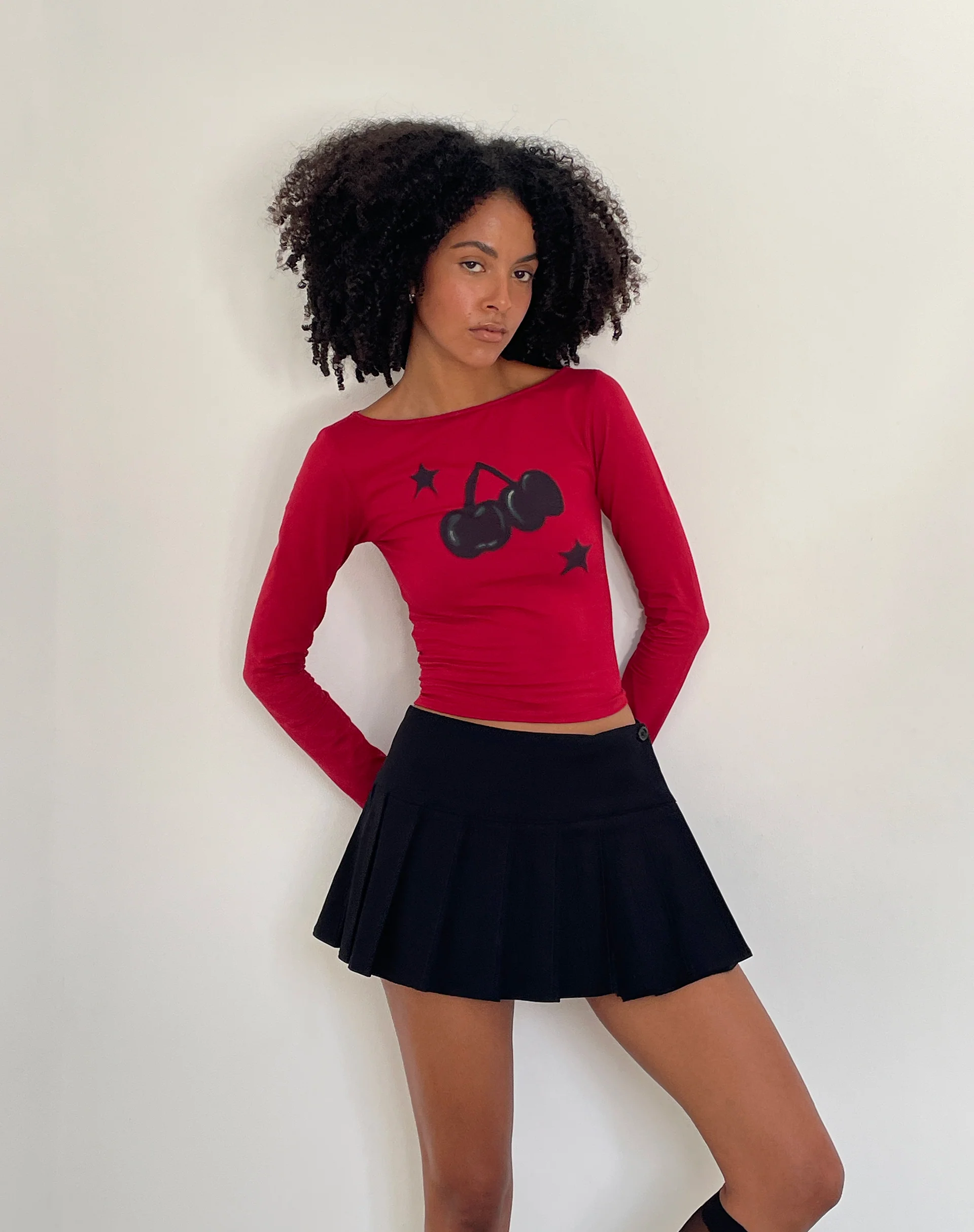 Amabon Long Sleeve Top in Adrenalin Red with Cherry Print - Image 3