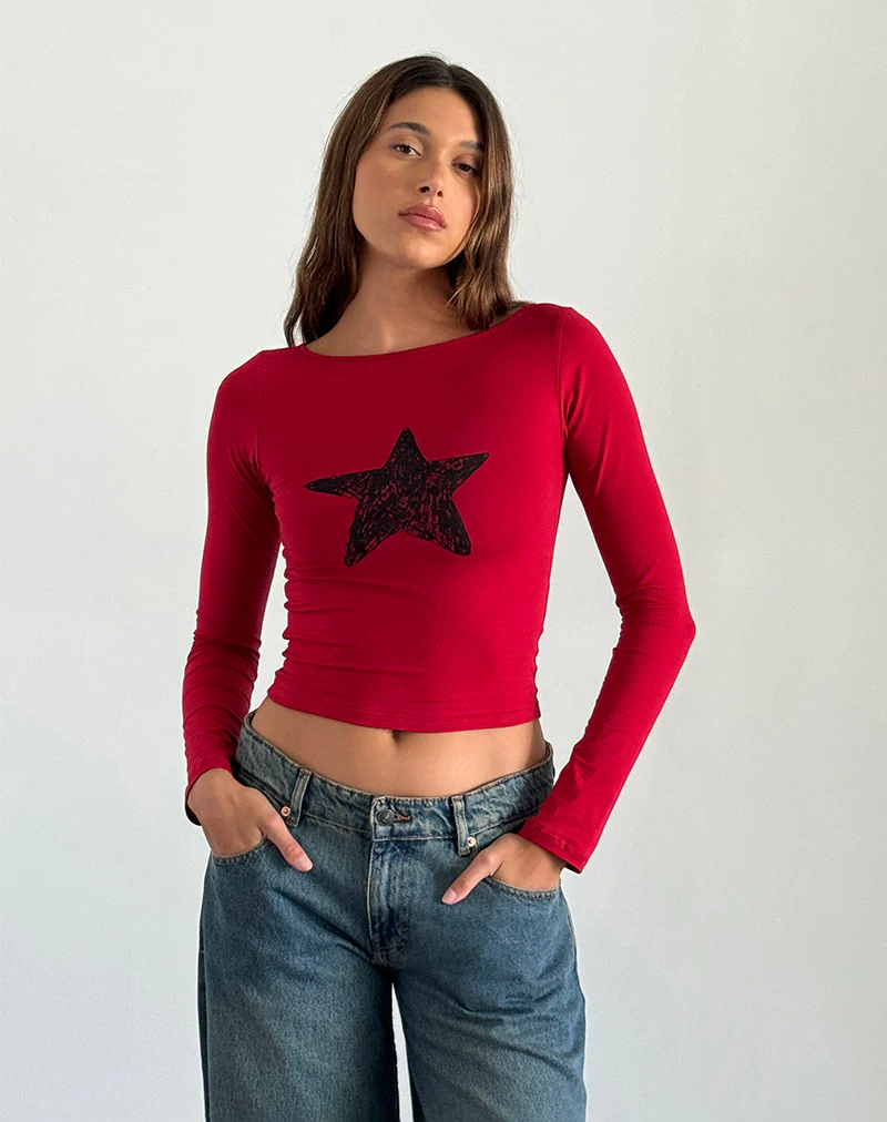 Amabon Long Sleeve Top in Adrenaline Red with Black Star - Image 2