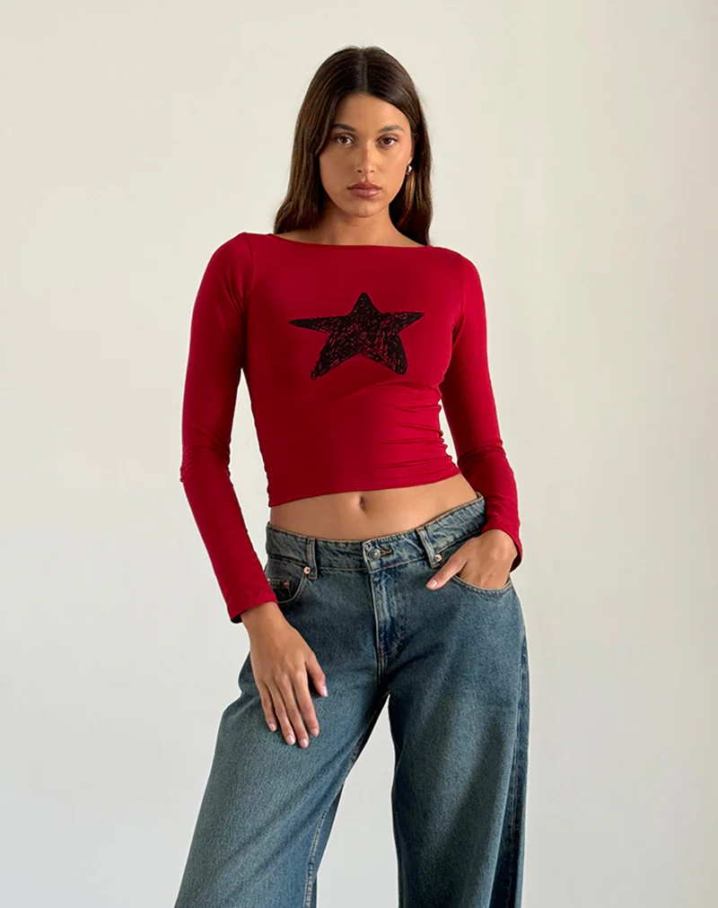 Amabon Long Sleeve Top in Adrenaline Red with Black Star - Image 3