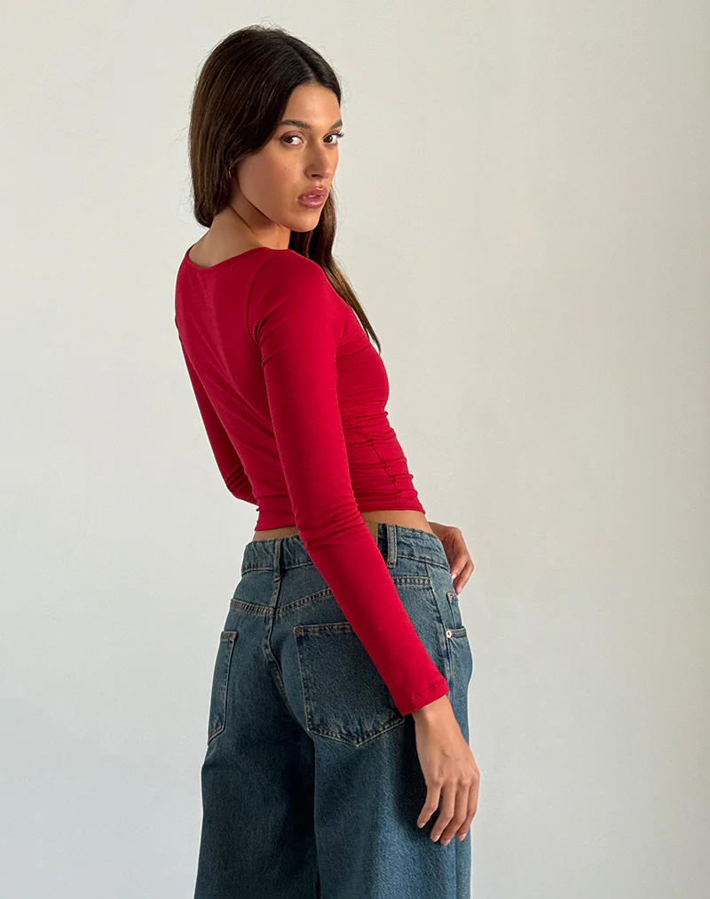 Amabon Long Sleeve Top in Adrenaline Red with Black Star - Image 4