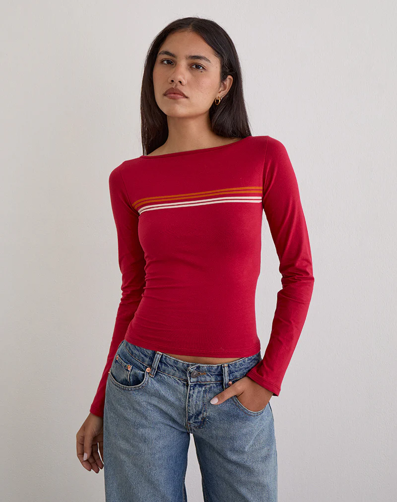 Amabon Long Sleeve Top in Adrenaline Red Stripe - Image 4