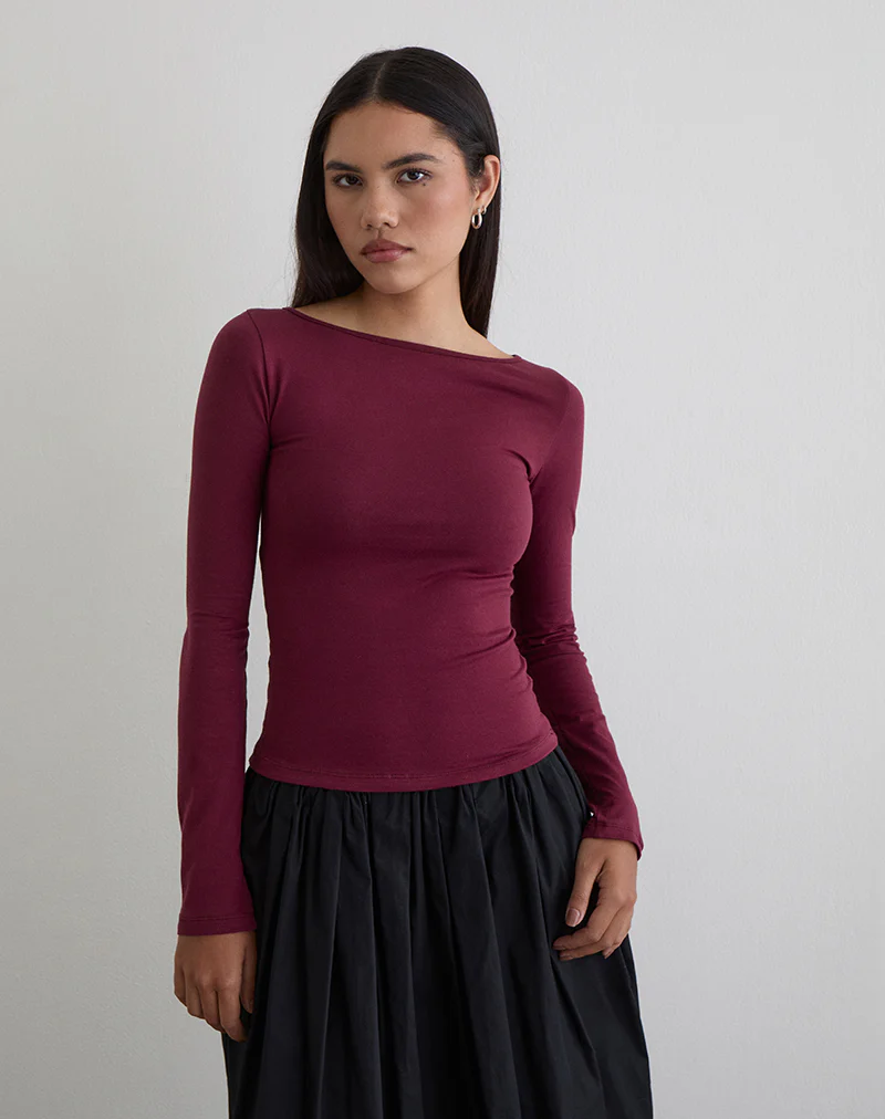 Amabon Long Sleeve Top in Burgundy - Image 3