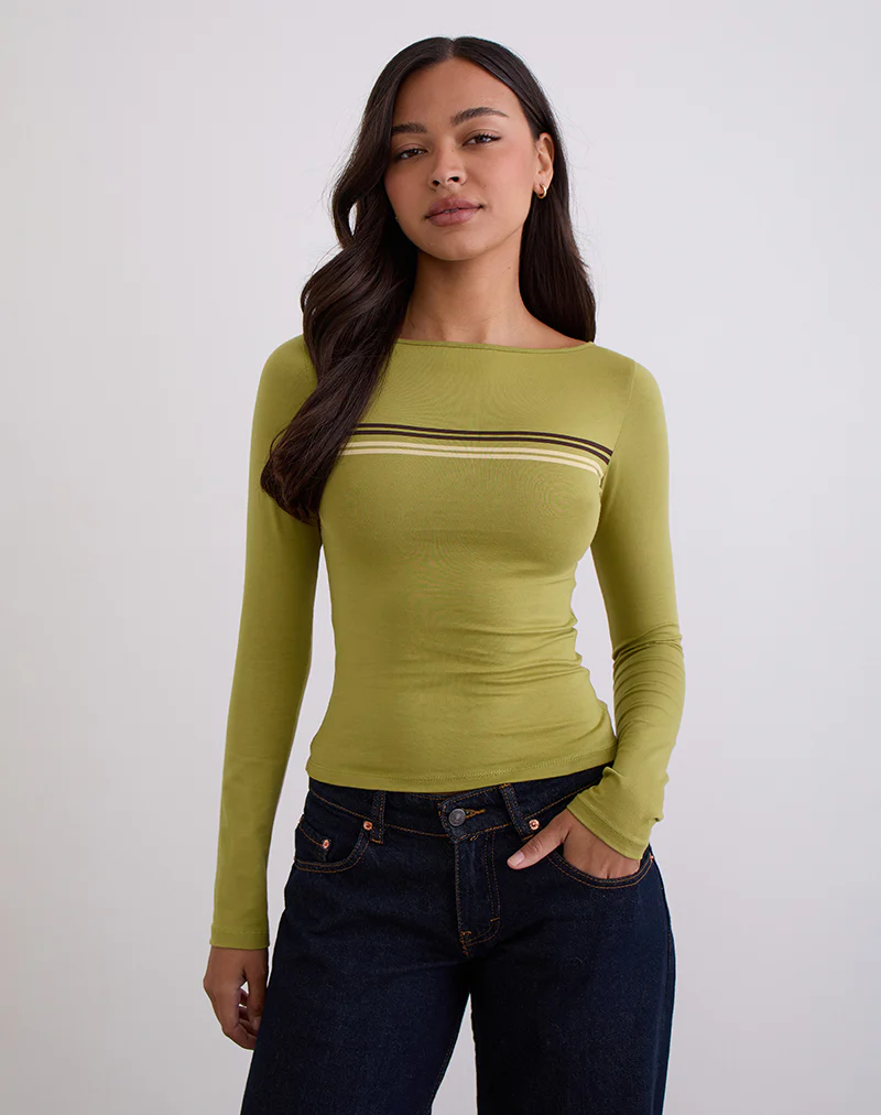 Amabon Long Sleeve Top in Cress Green Stripe - Image 2