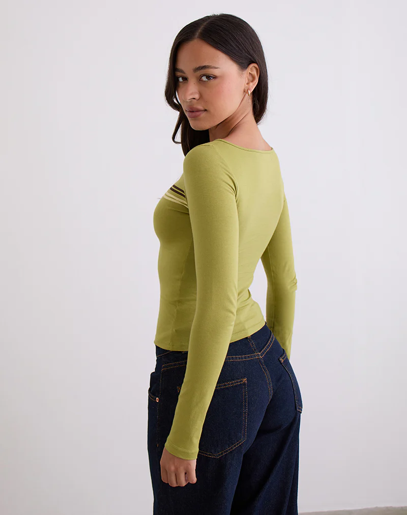 Amabon Long Sleeve Top in Cress Green Stripe - Image 4