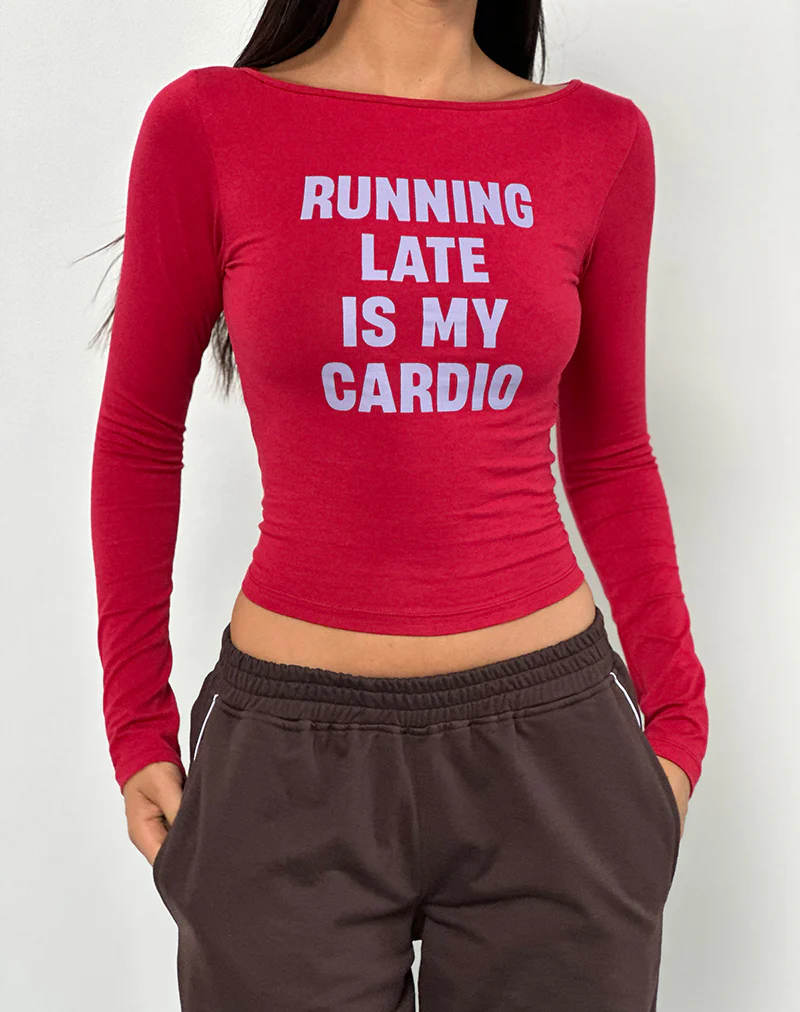 Amabon Long Sleeve Top in Adrenaline Red with Running Late Slogan - Image 2