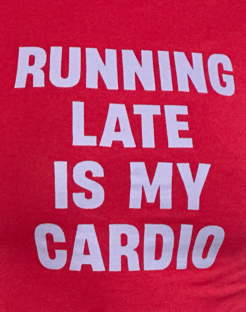 Amabon Long Sleeve Top in Adrenaline Red with Running Late Slogan - Image 6
